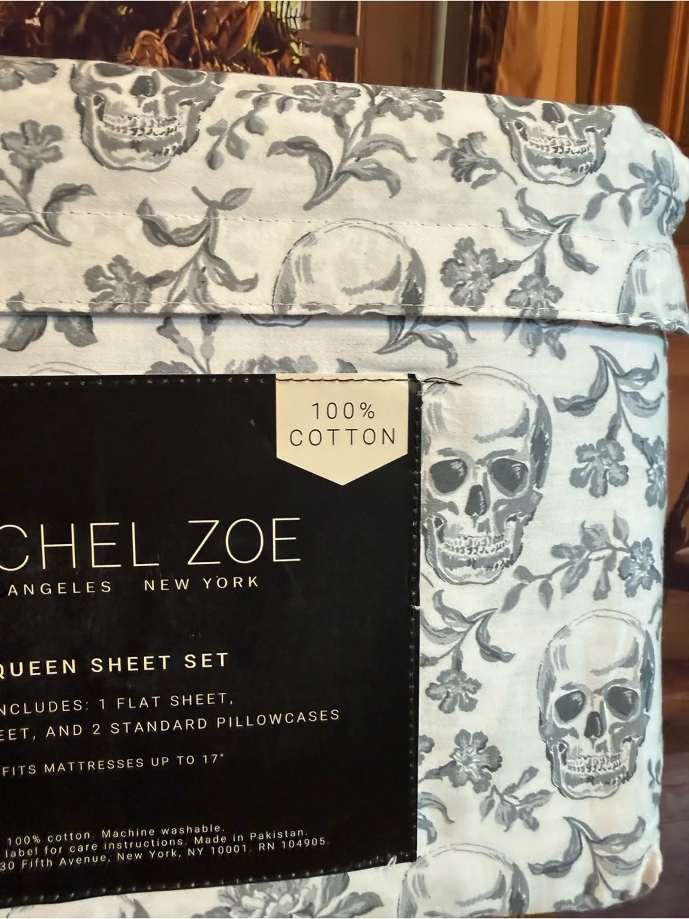 Rachel Zoe Queen Sheet Set NWT Cotton Summerween Halloween Skulls Floral 💀